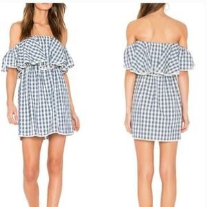 MISA Los Angelos Dress Womens Small Blue Belu Gingham Off‎ Shoulder Mini Linen